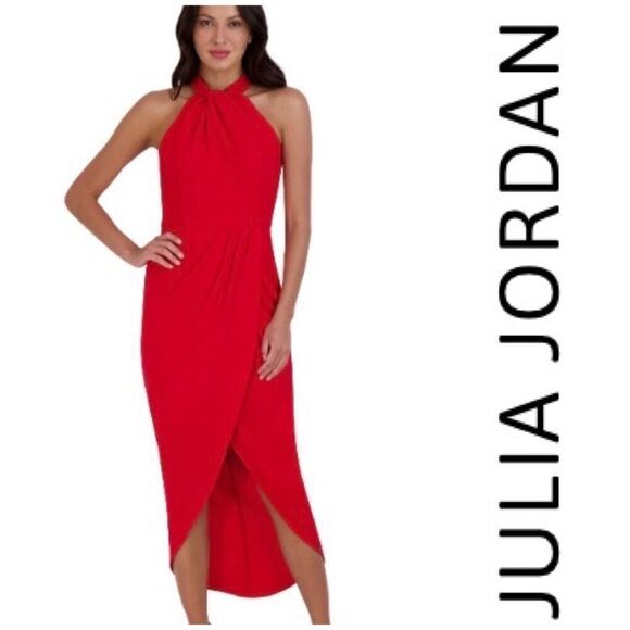 JULIA JORDAN - NWT - L Sz 8 Knot Neck Tulip Hem Midi Dress in Red Scuba Crepe ♥️ - Picture 1 of 16